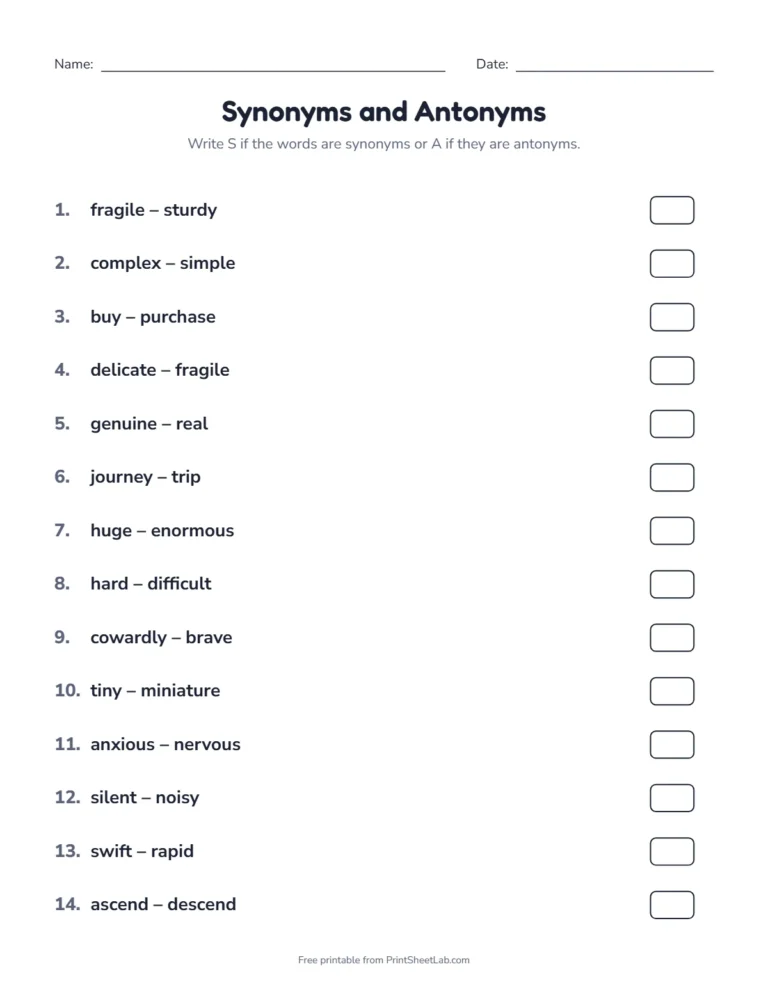 Synonym or antonym sort worksheet: write S or A for each word pair from the synonyms and antonyms list