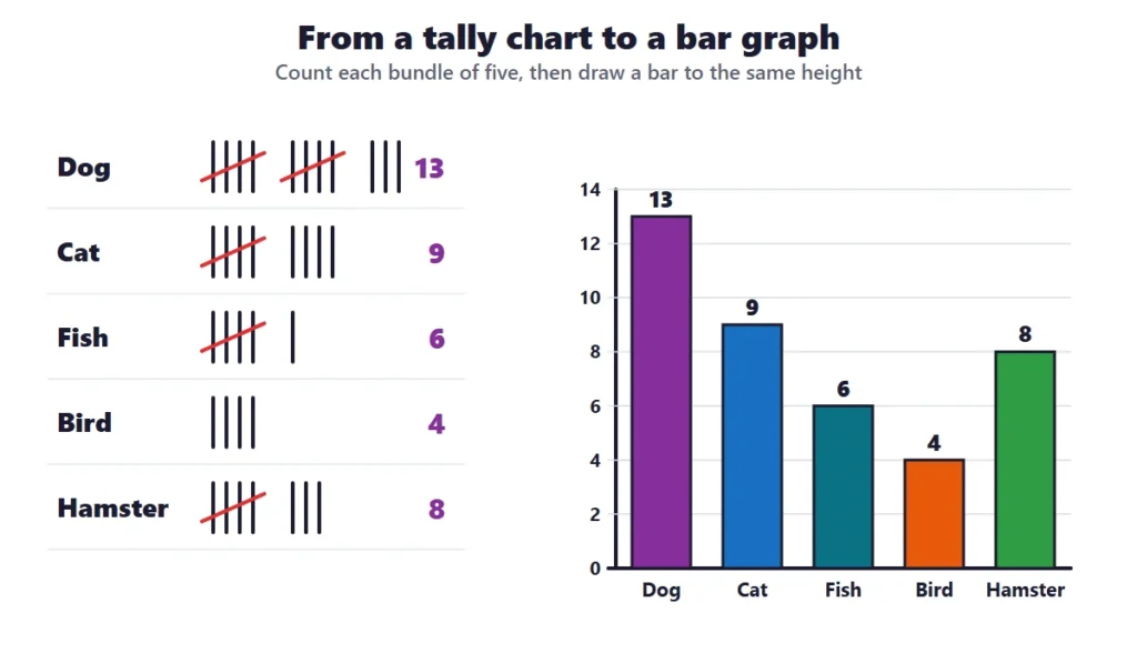 Tally charts and picture graphs: a tally chart of pets turned into a bar graph