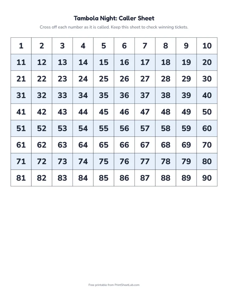 Tambola ticket generator caller sheet: a 1 to 90 number grid to cross off as you call