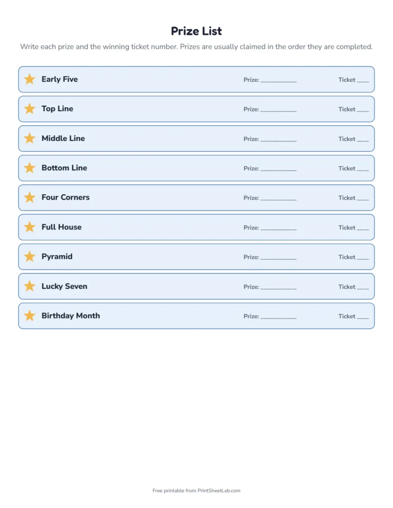 Tambola ticket generator prize list with themed prize names and space for winners