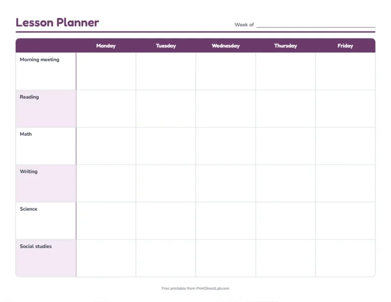 Teacher lesson planner for the week in plum