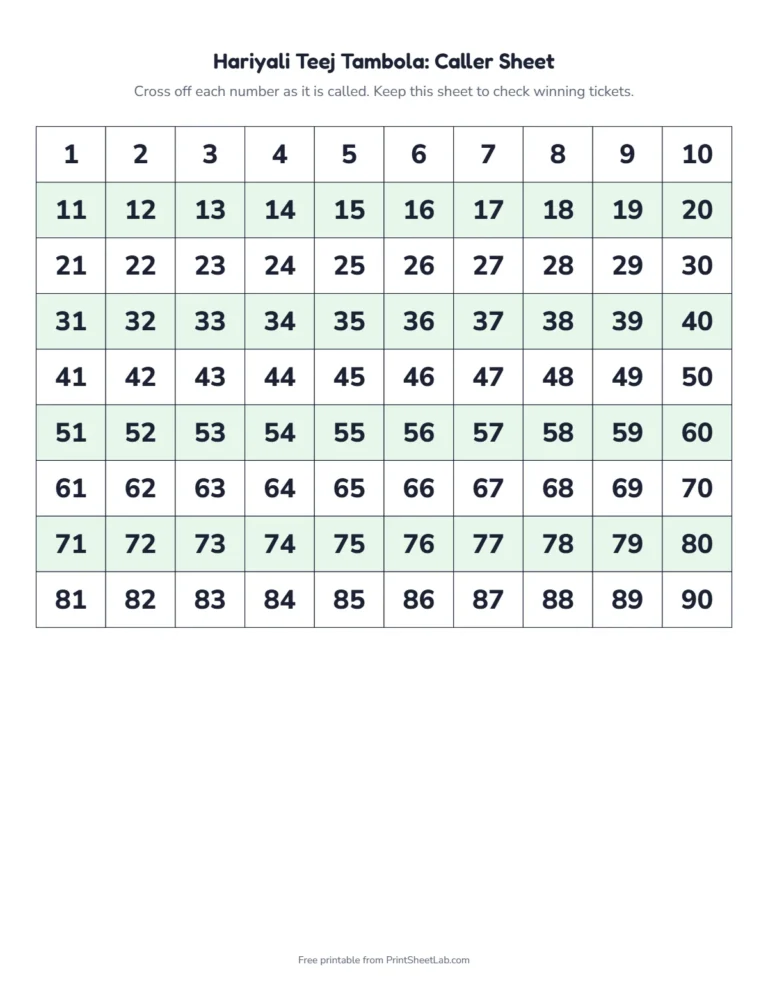 Teej tambola caller sheet: a 1 to 90 number grid to cross off as you call