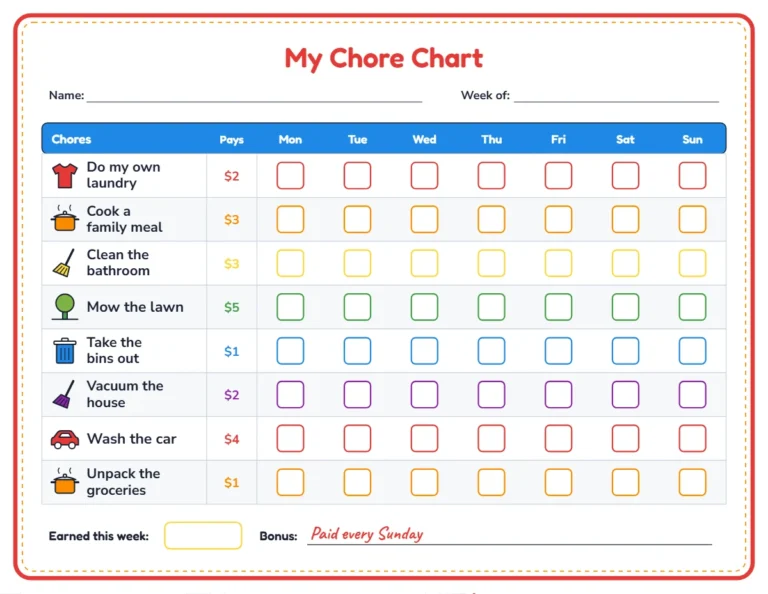 Teen chore chart with money, pay for each job