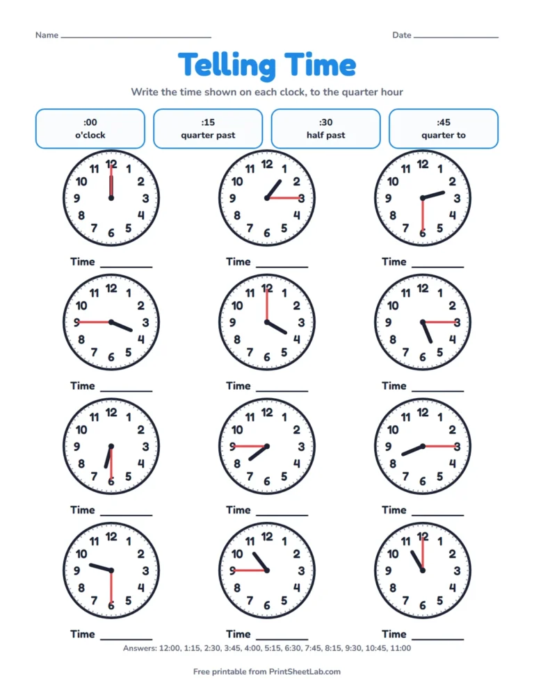 Telling time game worksheet printable with 12 analog clocks to read to the quarter hour