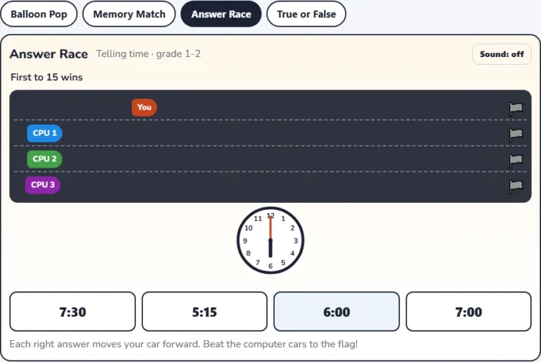 Telling time game Answer Race with a clock showing 6:00 and four digital times
