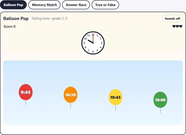 Analog clock game Balloon Pop with a clock above balloons showing digital times