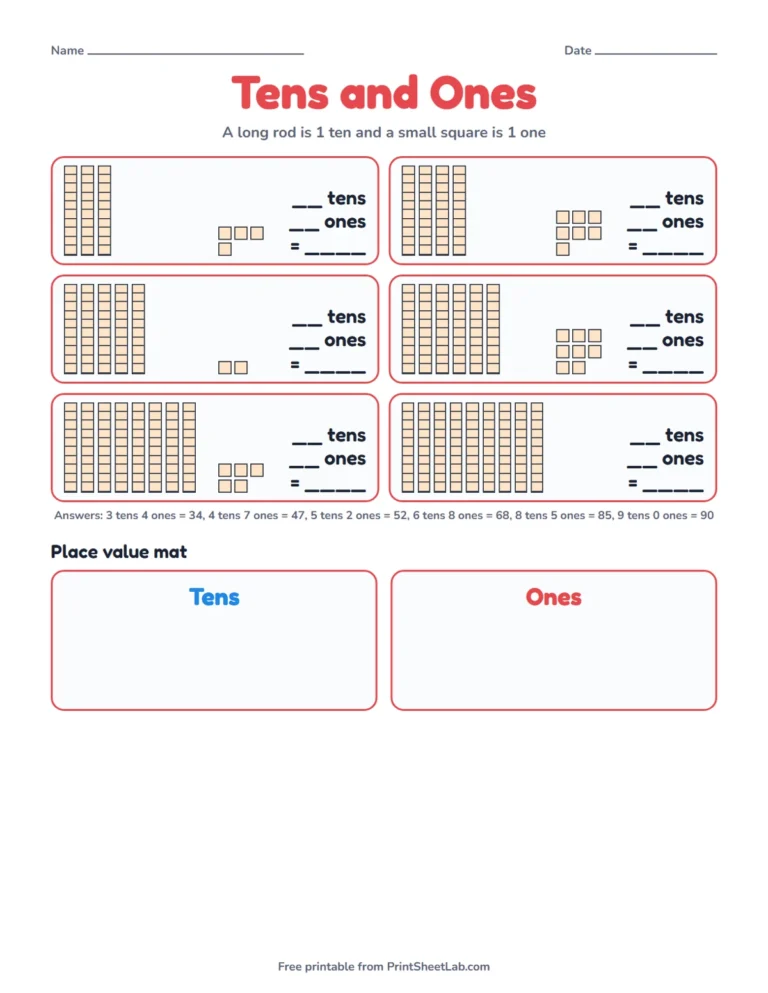 Tens and ones game worksheet printable with base ten blocks for six numbers and a place value mat