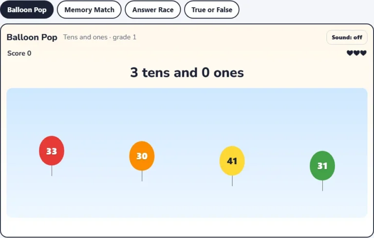 Tens and ones place value game Balloon Pop with 3 tens and 0 ones and four balloons