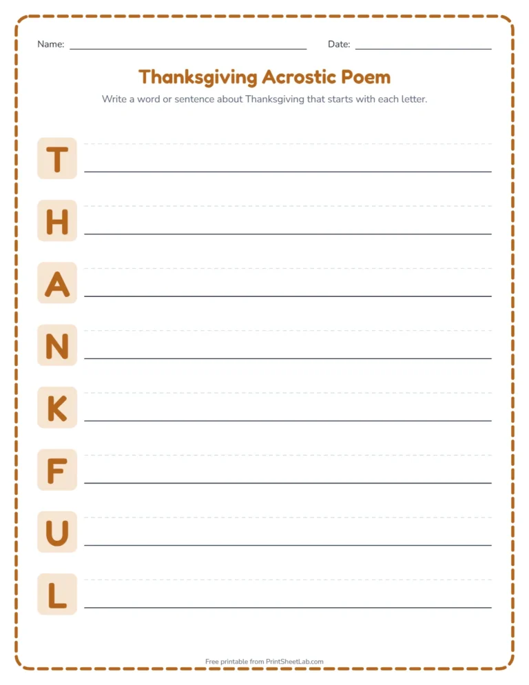 Thanksgiving acrostic poem worksheet: write a word for each letter of THANKFUL