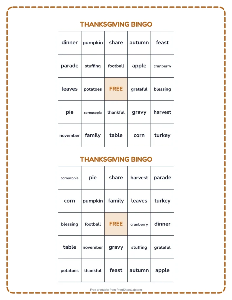 Thanksgiving bingo printable: two different bingo cards with Thanksgiving words