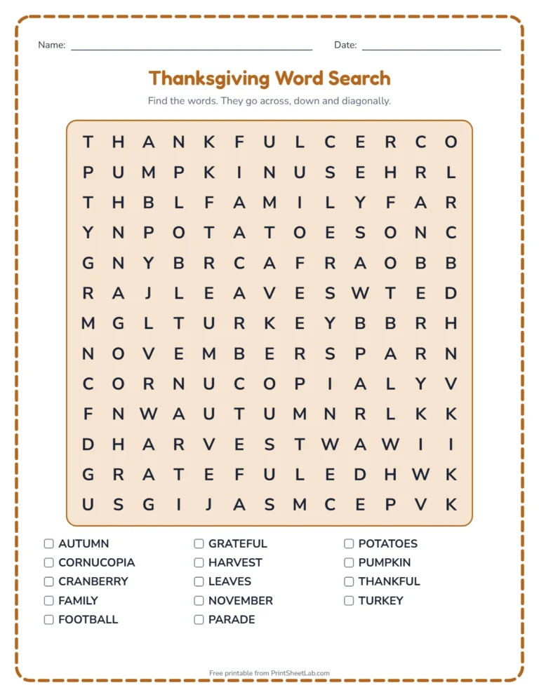 Thanksgiving worksheets: word search printable with Thanksgiving words and a word list