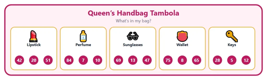 Theme tambola ticket layout: five picture sections of three numbers each, shown on the Queens Handbag ticket