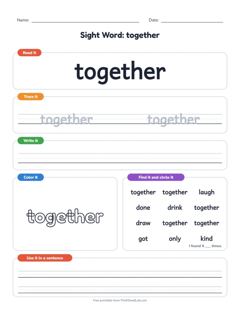 Third grade sight words worksheets: sight word of the day page for together with read, trace, write, color and find boxes