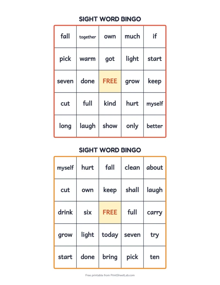 Sight word bingo card for the third grade sight words with a free space