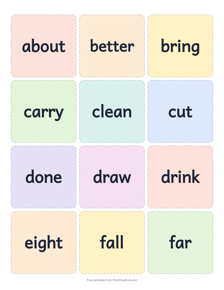 Printable third grade sight words flash cards in color, 12 cards on a page