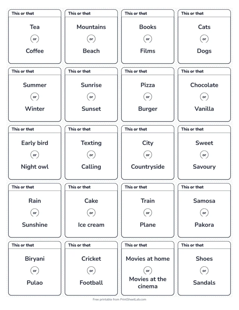 This or that questions small cards in black and white, 20 on a page