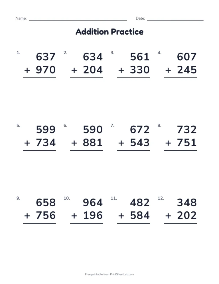Three-digit addition worksheet with 12 vertical problems and room to work