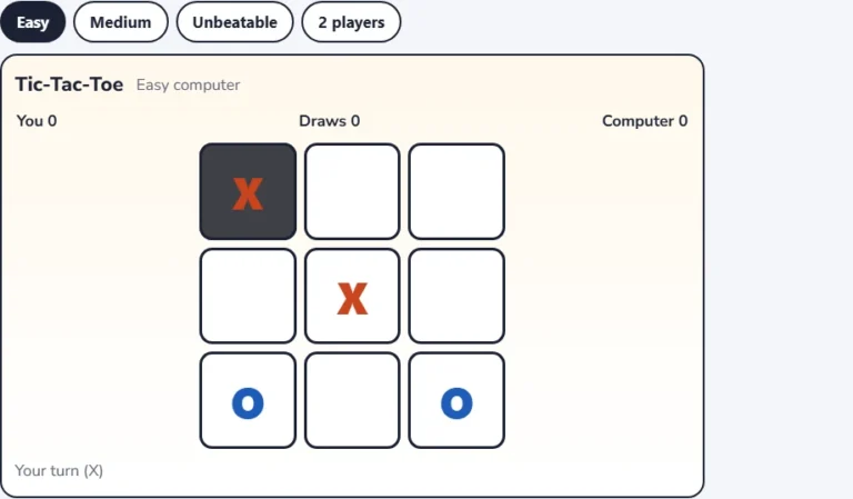 Tic tac toe against the easy computer mid-game