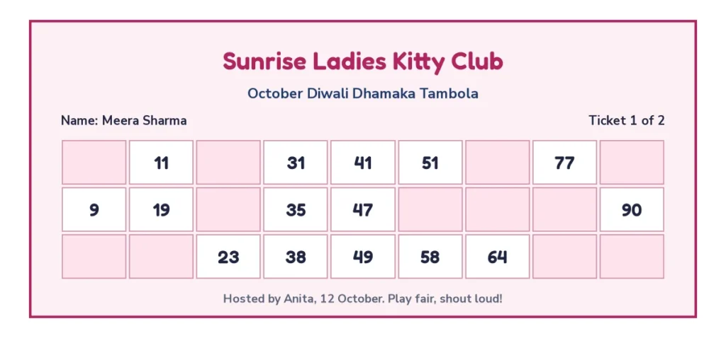 Example of a customized tambola ticket with the kitty group name, a member name and a host line
