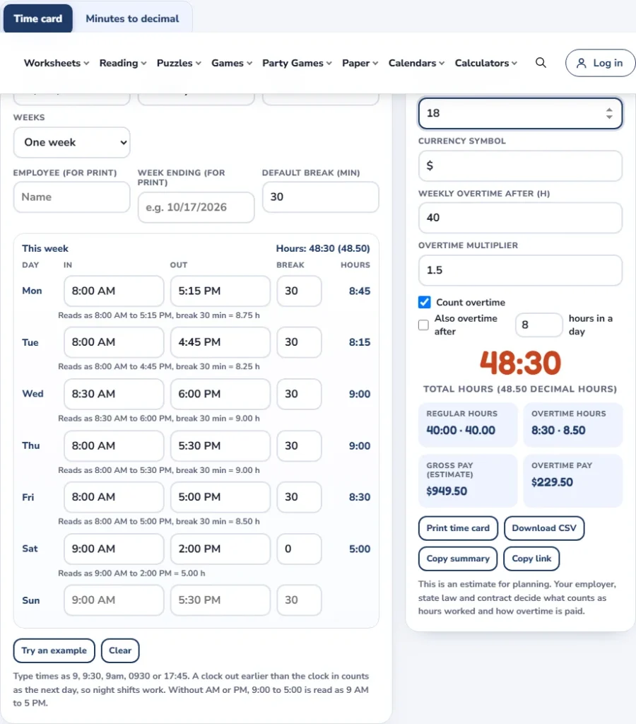 Time card calculator showing a week of clock in and out times, 48 hours 30 minutes total, 40 regular and 8.5 overtime hours and a gross pay estimate