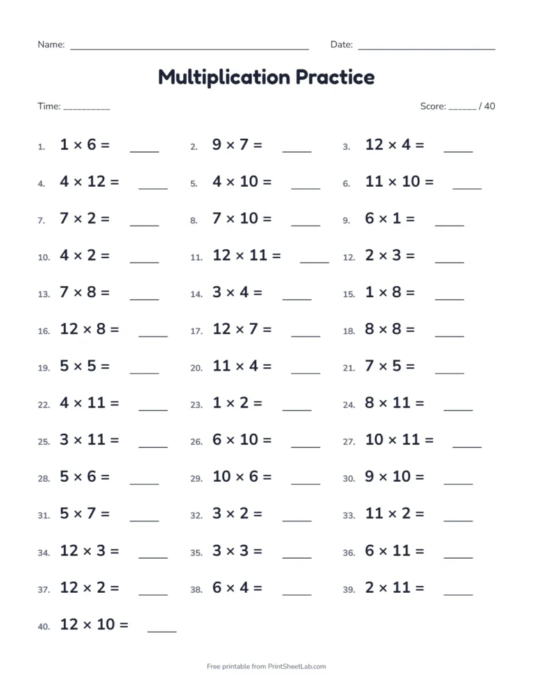 Multiplication facts worksheets: a timed drill with 40 mixed times tables facts