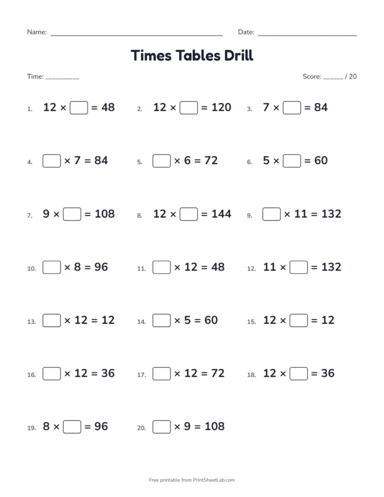 Times table practice sheets with missing factors for the 12 times table