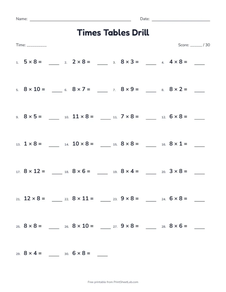 Times tables worksheets: a practice page of 30 facts for the 8 times table