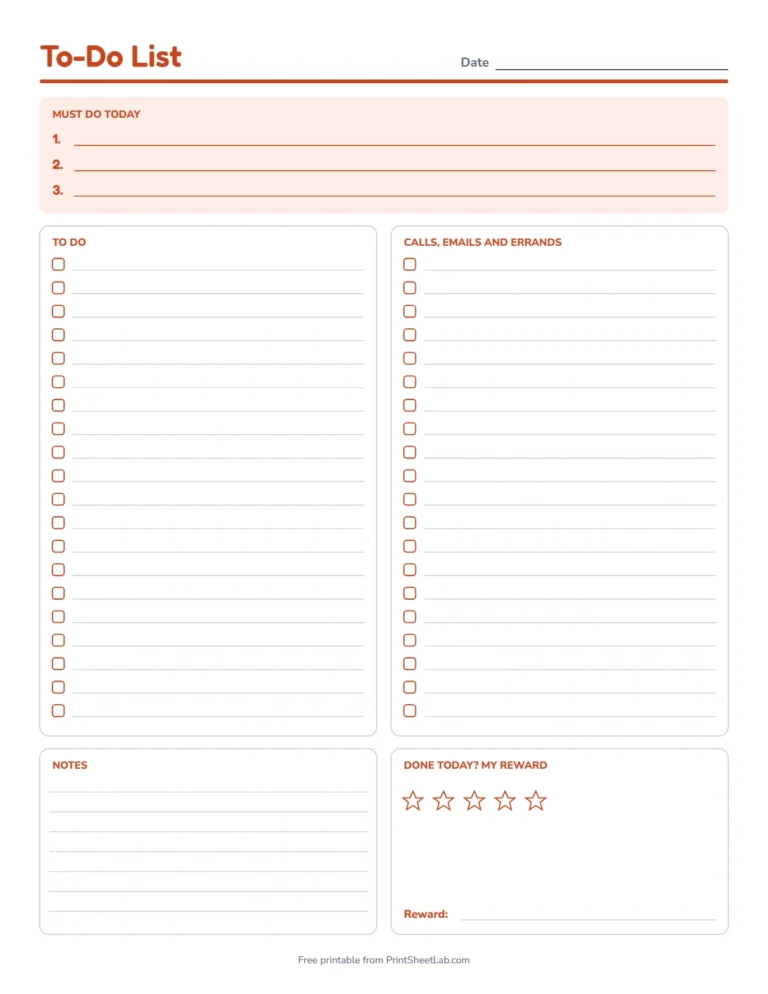 Printable to-do list with must do today, two checklists, notes and a reward box