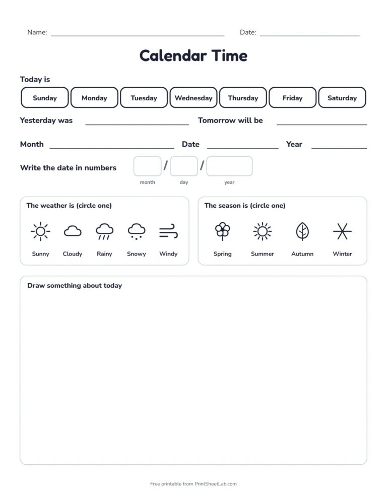 Today is worksheet in black and white, a daily calendar printable