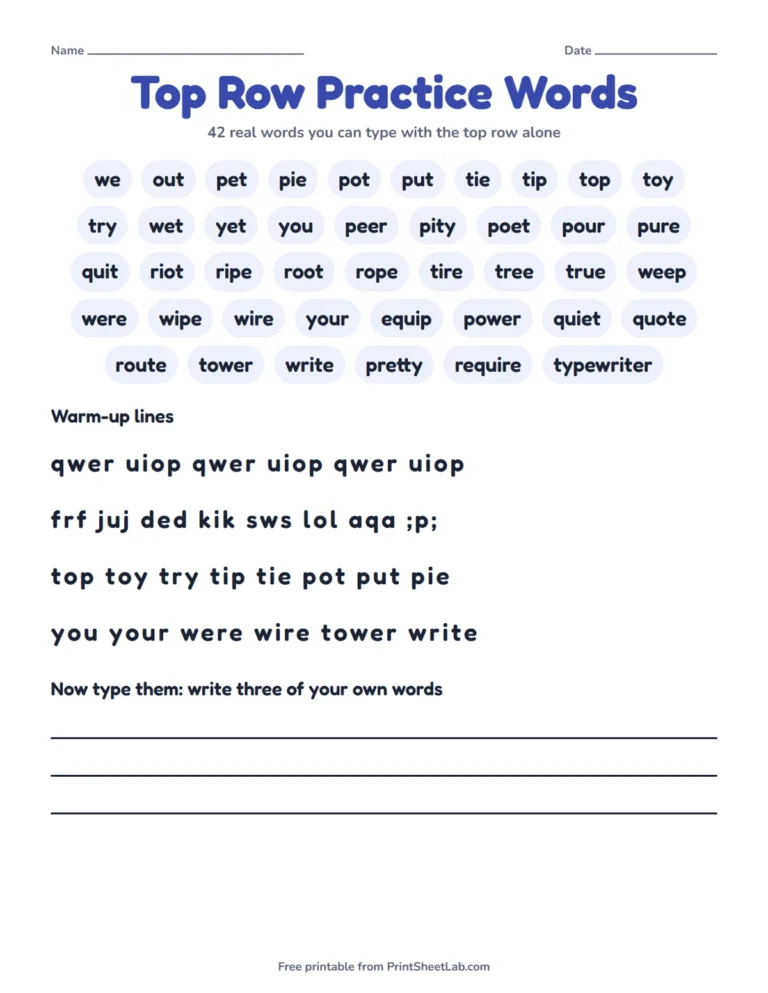 Top row typing practice word list printable with 42 real words and warm-up lines
