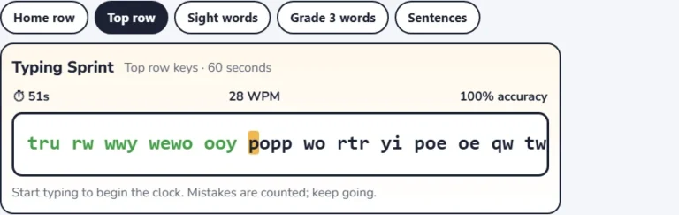 Top row typing practice test in progress with groups of top row letters and the words per minute counter