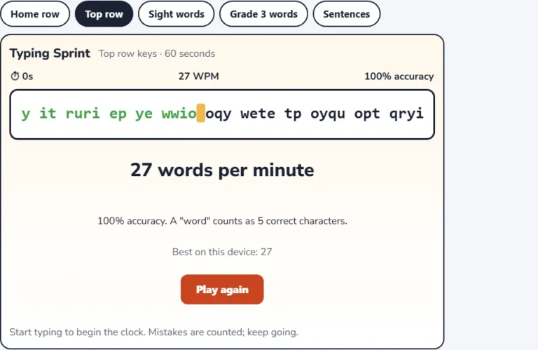 Top row typing test results screen showing words per minute and accuracy