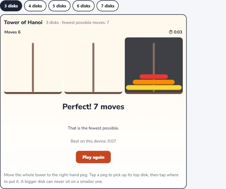 Tower of Hanoi solved in 7 moves, the fewest possible for 3 disks