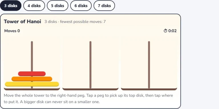 Tower of Hanoi game with 3 disks on the left peg and the fewest possible moves shown