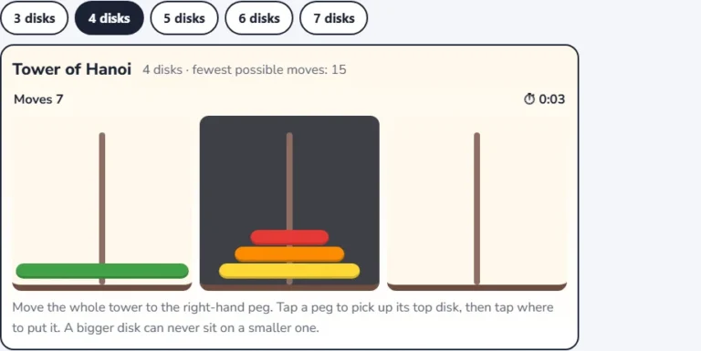Tower of Hanoi online with 4 disks part way through the solution