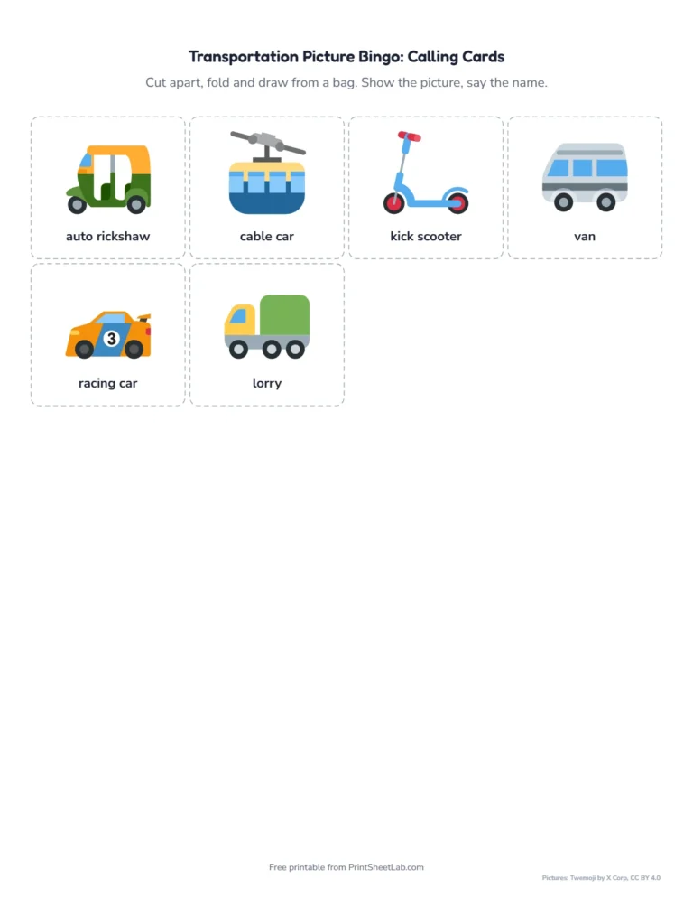 Transportation bingo calling cards to cut out and draw from a bag