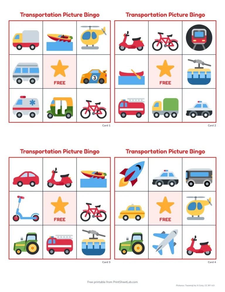 Transportation bingo cards for preschool: 3 by 3 picture-only cards with a free star