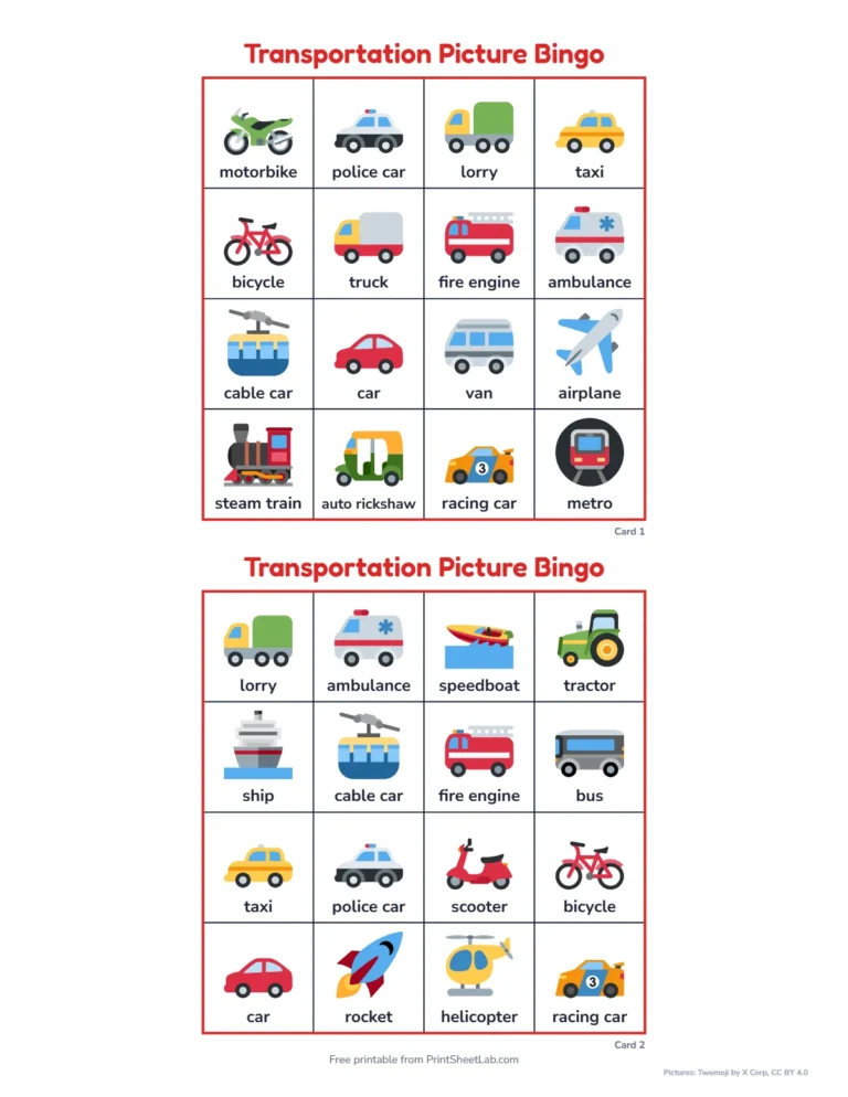 Transportation bingo printable: 4 by 4 picture cards with a word under each picture