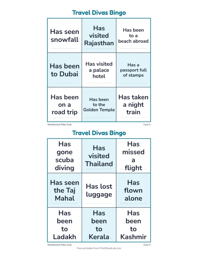 Find someone who travel bingo: small 3 by 3 cards for a short mingle