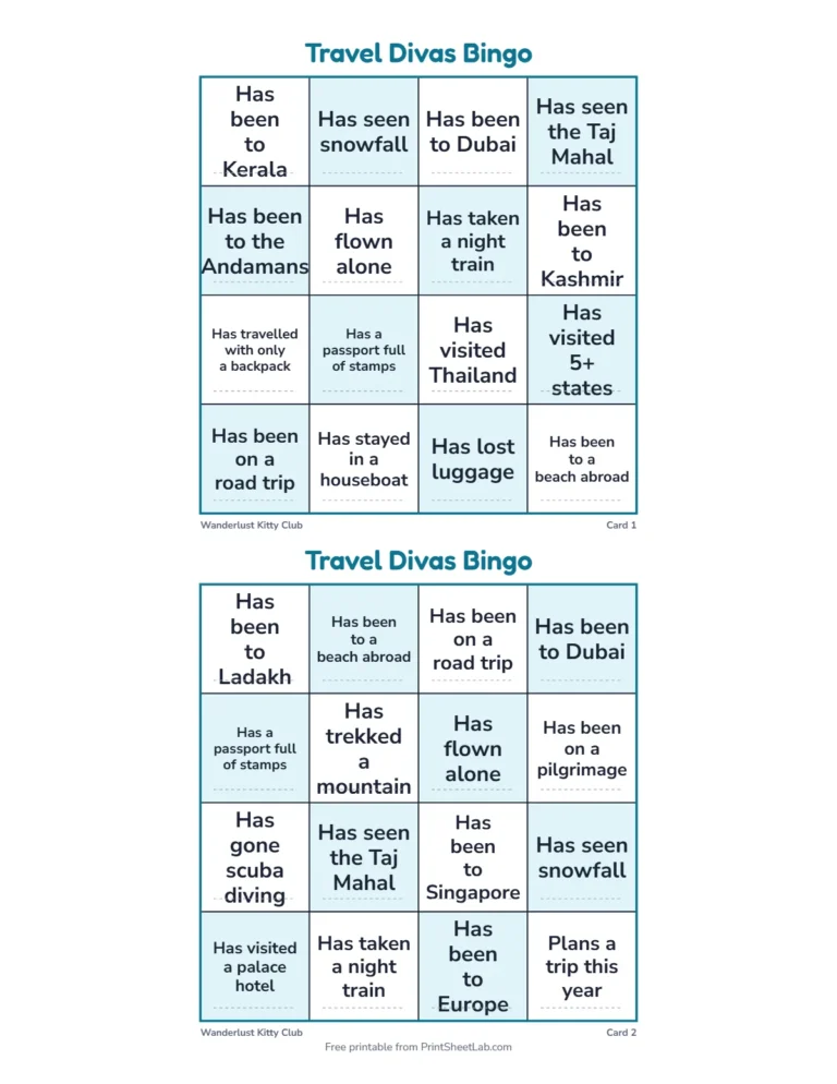 Travel party games: quick 4 by 4 travel bingo cards