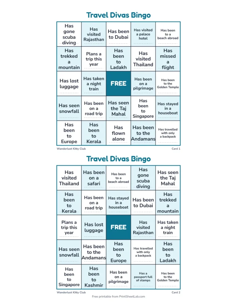 Travel bingo: printable 5 by 5 find someone who cards with travel squares