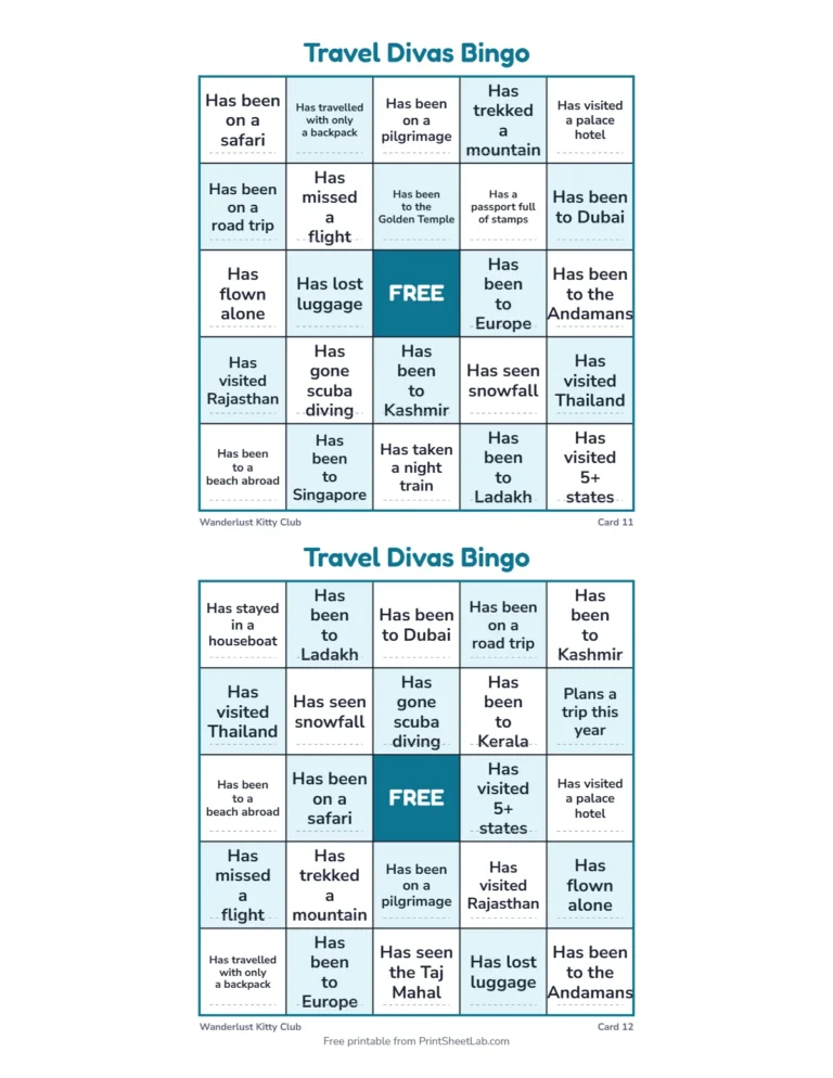 Travel theme kitty party games rules page: one name per square