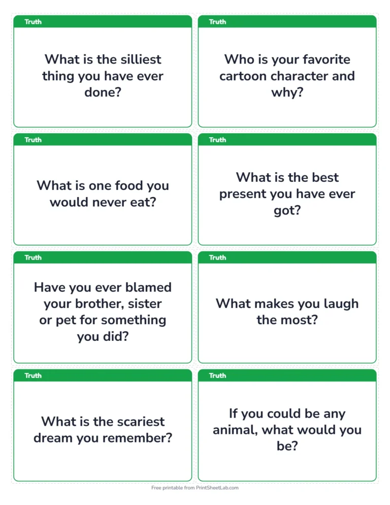 Truth or dare for kids big cards, 8 on a page