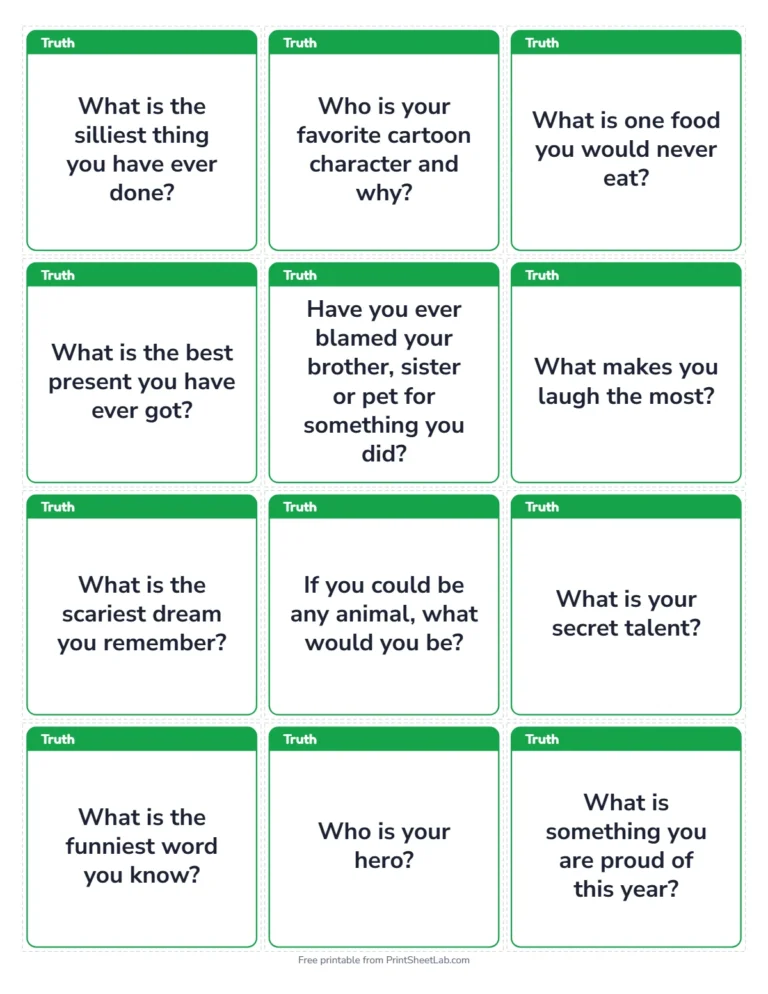 Truth or dare for kids: printable cards, 12 on a page