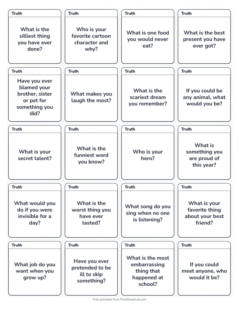 Truth or dare for kids small cards in black and white, 20 on a page