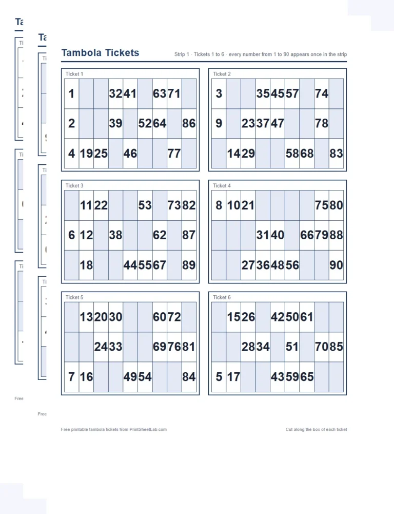 Free tambola ticket book PDF: a stack of printed strip pages