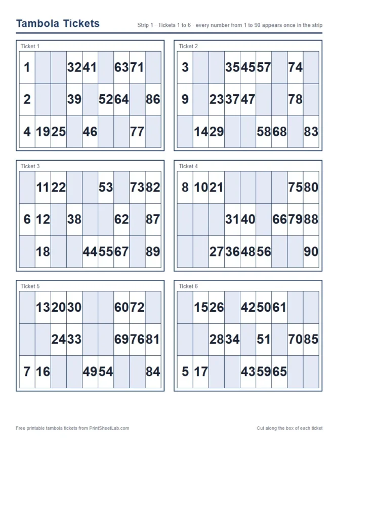 Tambola ticket book: the first strip of six tickets, each with 15 numbers in three rows