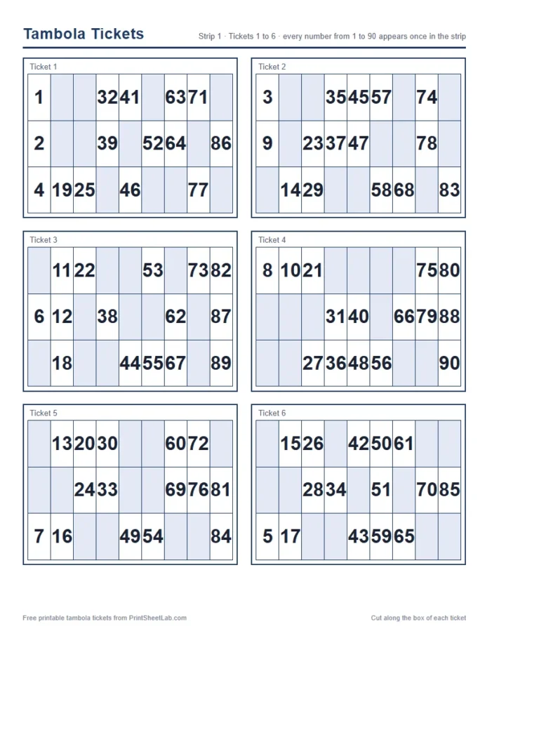 Tambola ticket book: the first strip of six tickets, each with 15 numbers in three rows