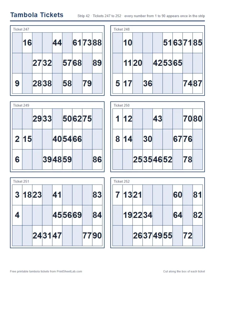 Housie ticket book page: strip 42 with six more tickets, tickets 247 to 252