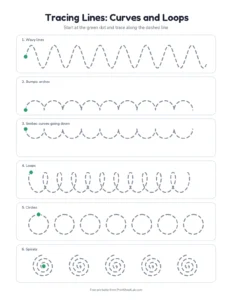 Tracing lines: waves, bumps, loops, circles, spirals printable worksheet for preschool and kindergarten